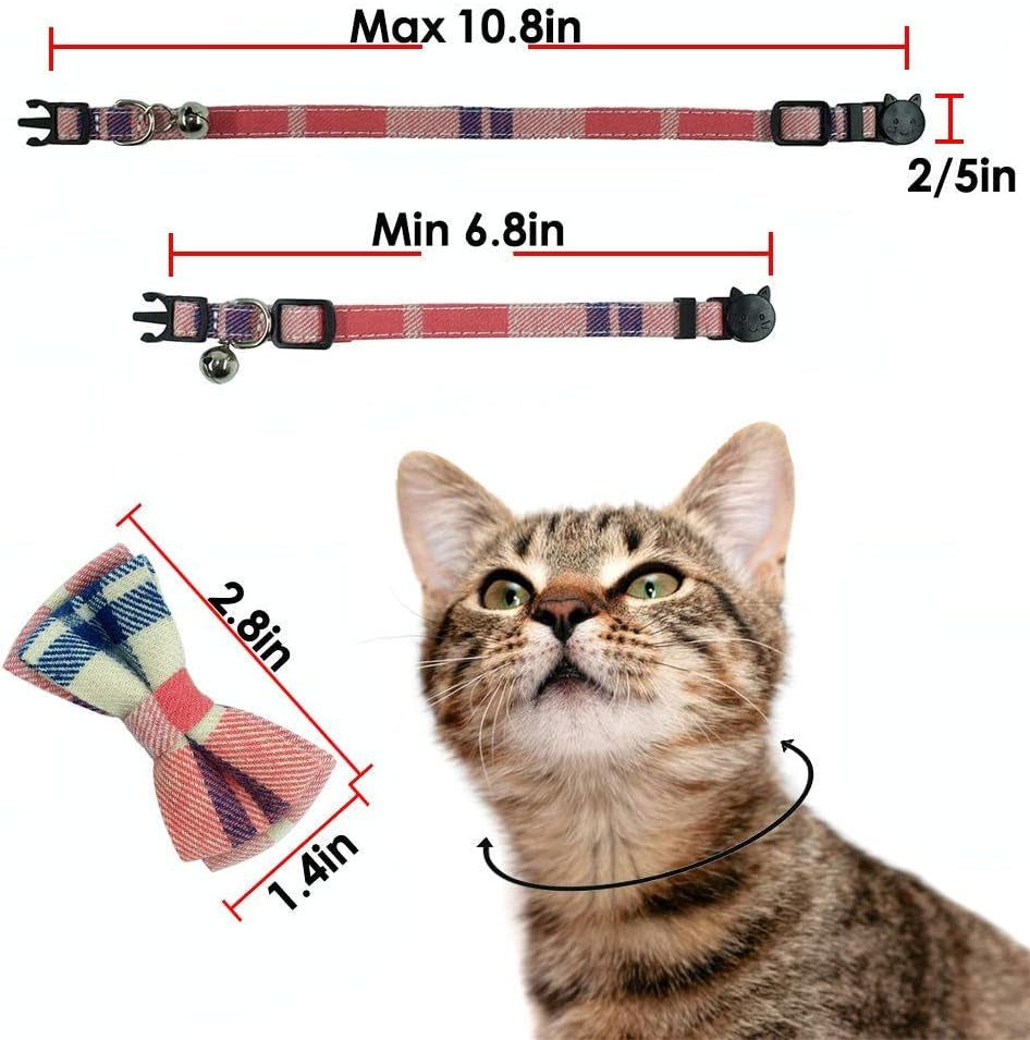 Stylish Pink Plaid Breakaway Cat Collar with Bell and Bow Tie - Adjustable Safety Collar for Kittens (6.8-10.8 In)