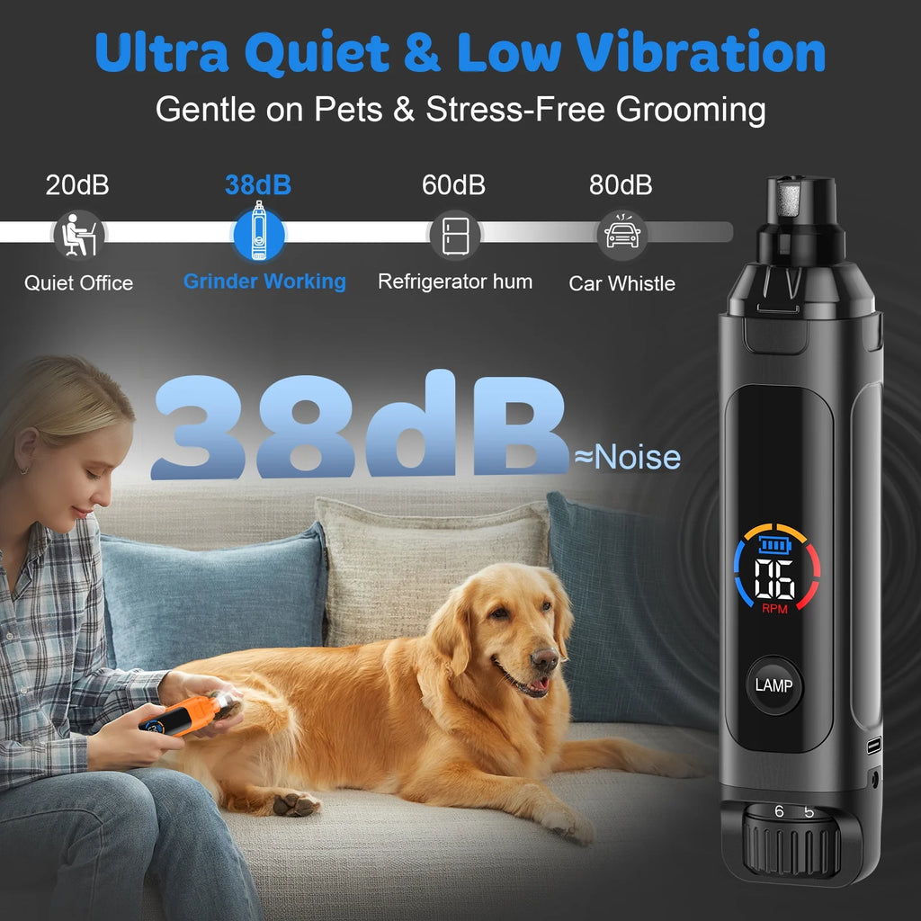Dog Nail Grinder, 6-Speed Pet Nail Trimmer 2 LED Light Quiet Safe Power Rechargeable Dog Nail Trimmer Painless Paws Grooming & Smoothing Care Tool for Large Medium Small Dogs