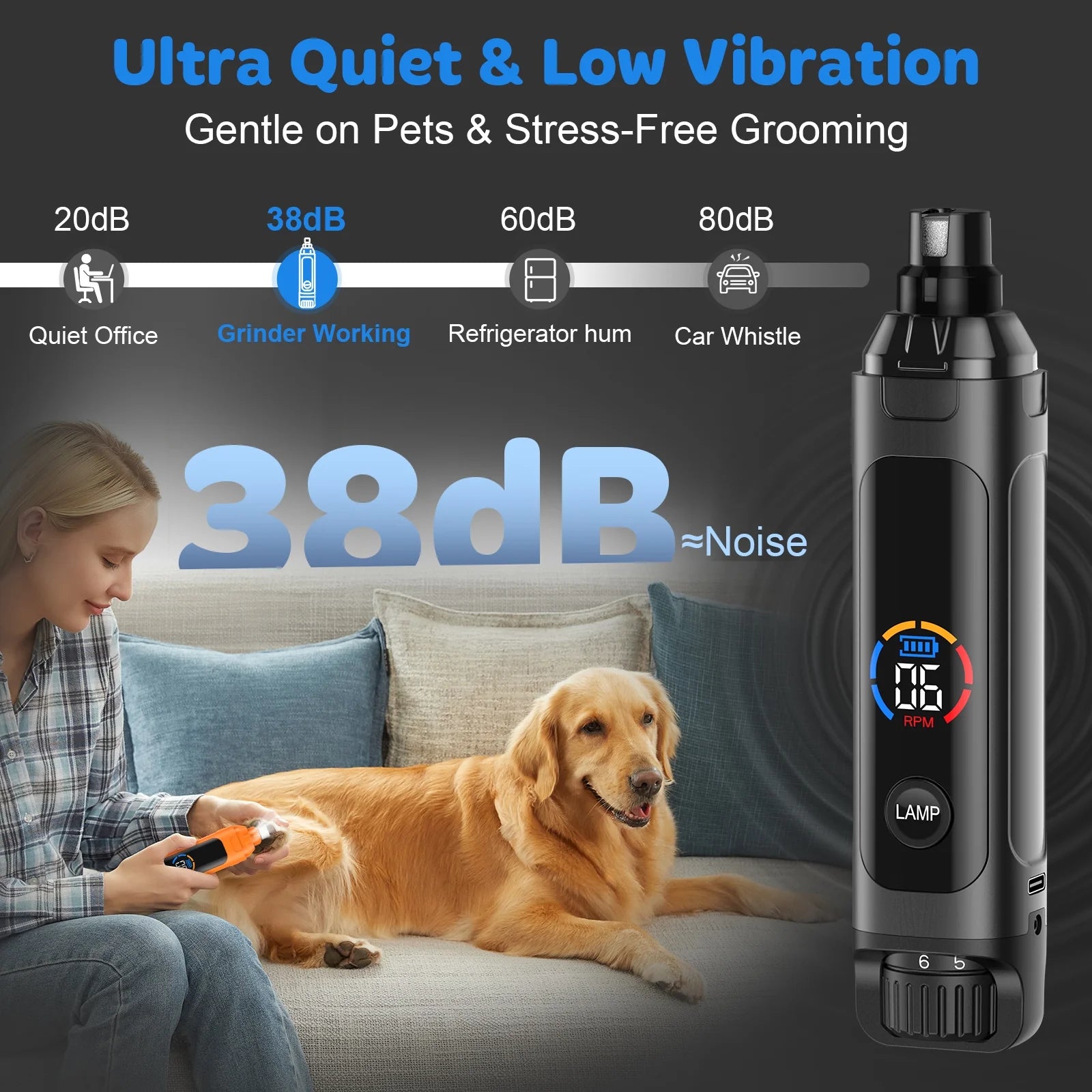 Dog Nail Grinder, 6-Speed Pet Nail Trimmer 2 LED Light Quiet Safe Power Rechargeable Dog Nail Trimmer Painless Paws Grooming & Smoothing Care Tool for Large Medium Small Dogs