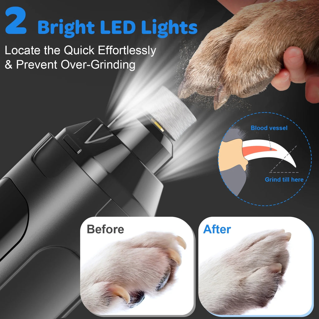 Dog Nail Grinder, 6-Speed Pet Nail Trimmer 2 LED Light Quiet Safe Power Rechargeable Dog Nail Trimmer Painless Paws Grooming & Smoothing Care Tool for Large Medium Small Dogs