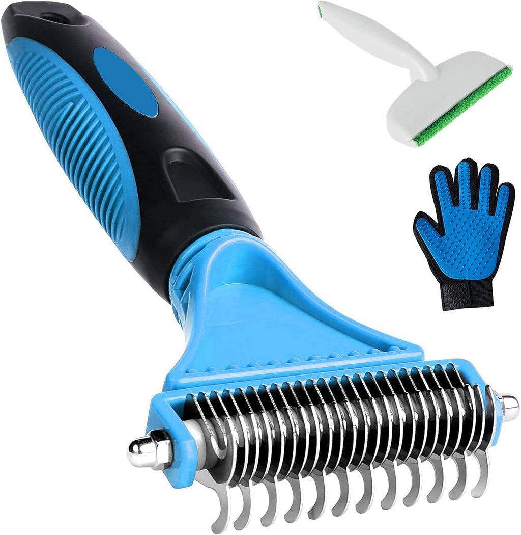 NS Pet Grooming Tool Double Sided Shedding and Dematting Undercoat Rake Comb for Dogs and Cats (Blue)