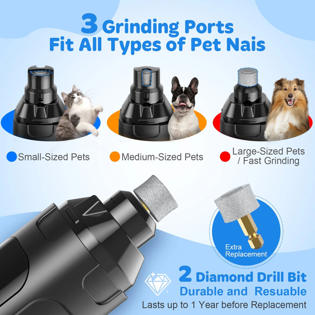 Dog Nail Grinder, 6-Speed Pet Nail Trimmer 2 LED Light Quiet Safe Power Rechargeable Dog Nail Trimmer Painless Paws Grooming & Smoothing Care Tool for Large Medium Small Dogs