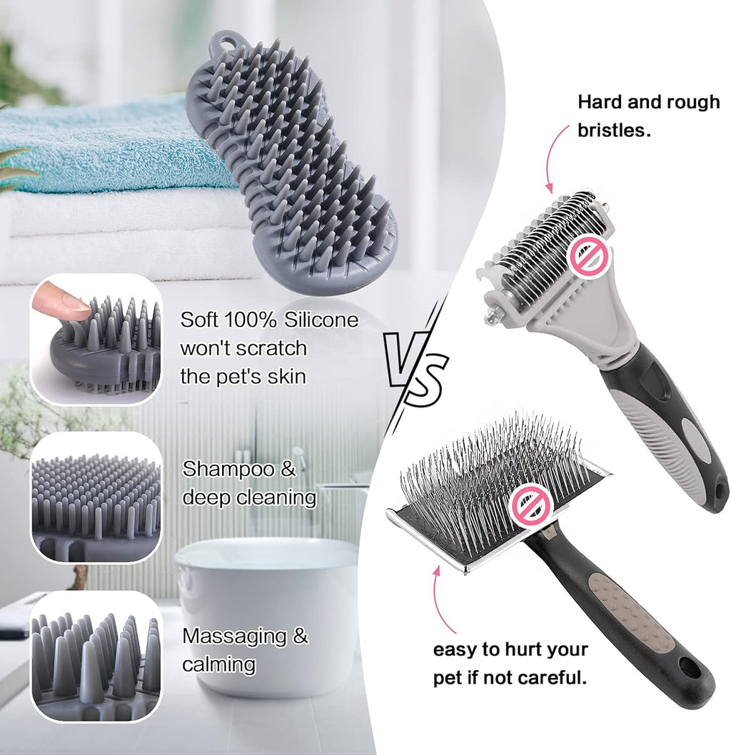 Pet Grooming Shampoo Brush, 2021 Newest Silicone Bath Brush Soothing Massage Bristles for Dogs and Cats with Long Short Hair Washing, Gently Removes Loose & Shed Fur (5 Inch, Slate Gray)