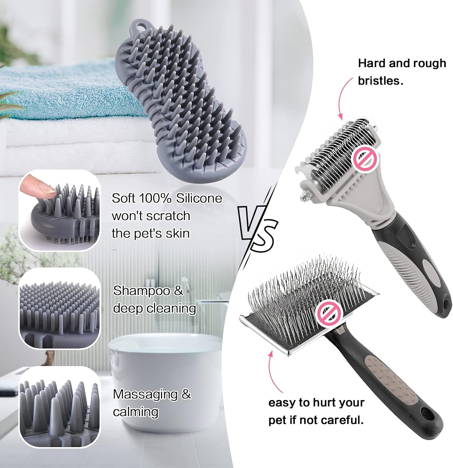 Pet Grooming Shampoo Brush, 2021 Newest Silicone Bath Brush Soothing Massage Bristles for Dogs and Cats with Long Short Hair Washing, Gently Removes Loose & Shed Fur (5 Inch, Slate Gray)