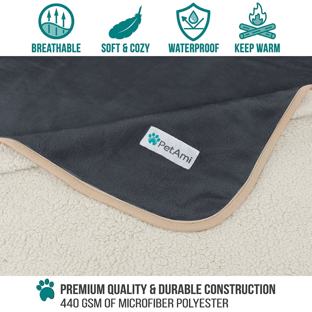 Waterproof Dog Blanket for Large Giant Dogs, Pee Proof Pet Blanket Sherpa Fleece Crate Cover, Reversible Cat Throw Bed Kennel Protector, Soft Plush Washable Pad (Queen 90X90, Gray/Beige)