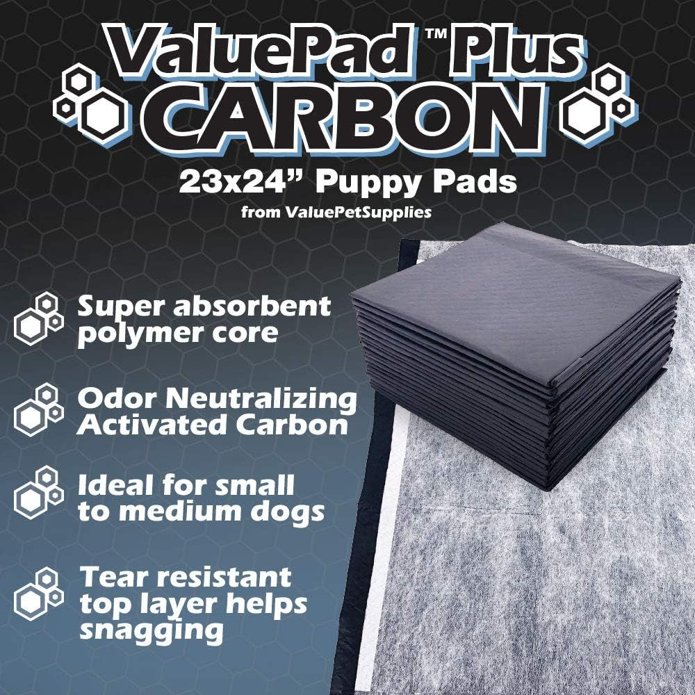 plus Carbon Puppy Pads, Medium 23X24 Inch, 200 Count - Premium Pee Pads for Dogs, Activated Charcoal Odor Control, Super Absorbent Polymer Gel Core, 5-Layer Design