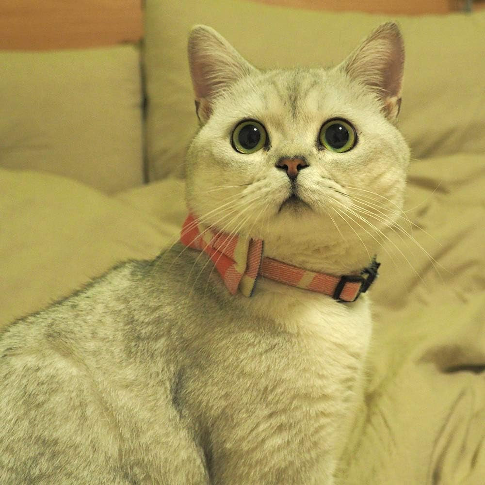 Stylish Pink Plaid Breakaway Cat Collar with Bell and Bow Tie - Adjustable Safety Collar for Kittens (6.8-10.8 In)