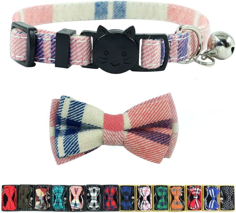 Stylish Pink Plaid Breakaway Cat Collar with Bell and Bow Tie - Adjustable Safety Collar for Kittens (6.8-10.8 In)