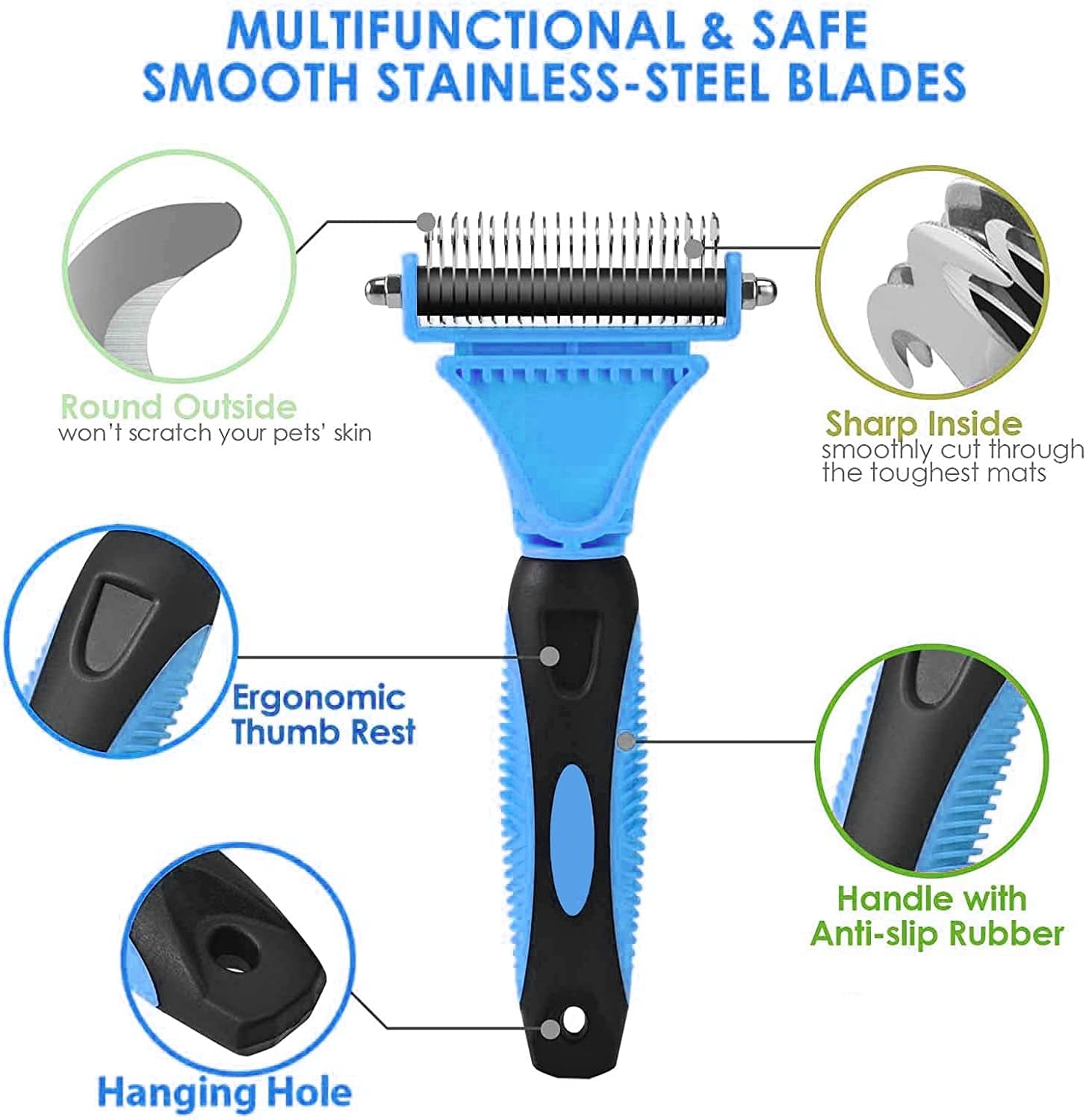 NS Pet Grooming Tool Double Sided Shedding and Dematting Undercoat Rake Comb for Dogs and Cats (Blue)