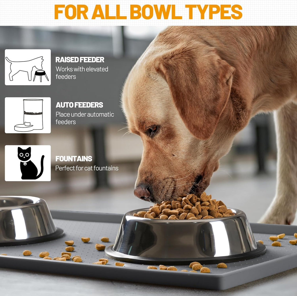 Dog Feeding Mat,100% Waterproof Food Grade Silicone Pet Food and Water Bowl Placemat,Dishwasher, High Raised Edge to Prevent Spills,Nonslip Tray to Stop Messes on Floor (19"X12"X0.5", Grey)