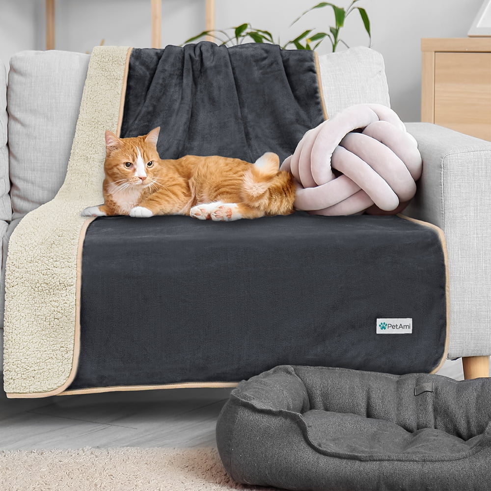 Waterproof Dog Blanket for Large Giant Dogs, Pee Proof Pet Blanket Sherpa Fleece Crate Cover, Reversible Cat Throw Bed Kennel Protector, Soft Plush Washable Pad (Queen 90X90, Gray/Beige)