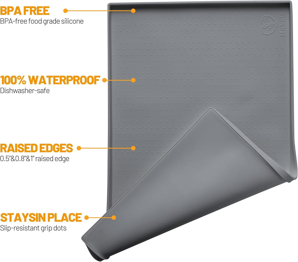 Dog Feeding Mat,100% Waterproof Food Grade Silicone Pet Food and Water Bowl Placemat,Dishwasher, High Raised Edge to Prevent Spills,Nonslip Tray to Stop Messes on Floor (19"X12"X0.5", Grey)