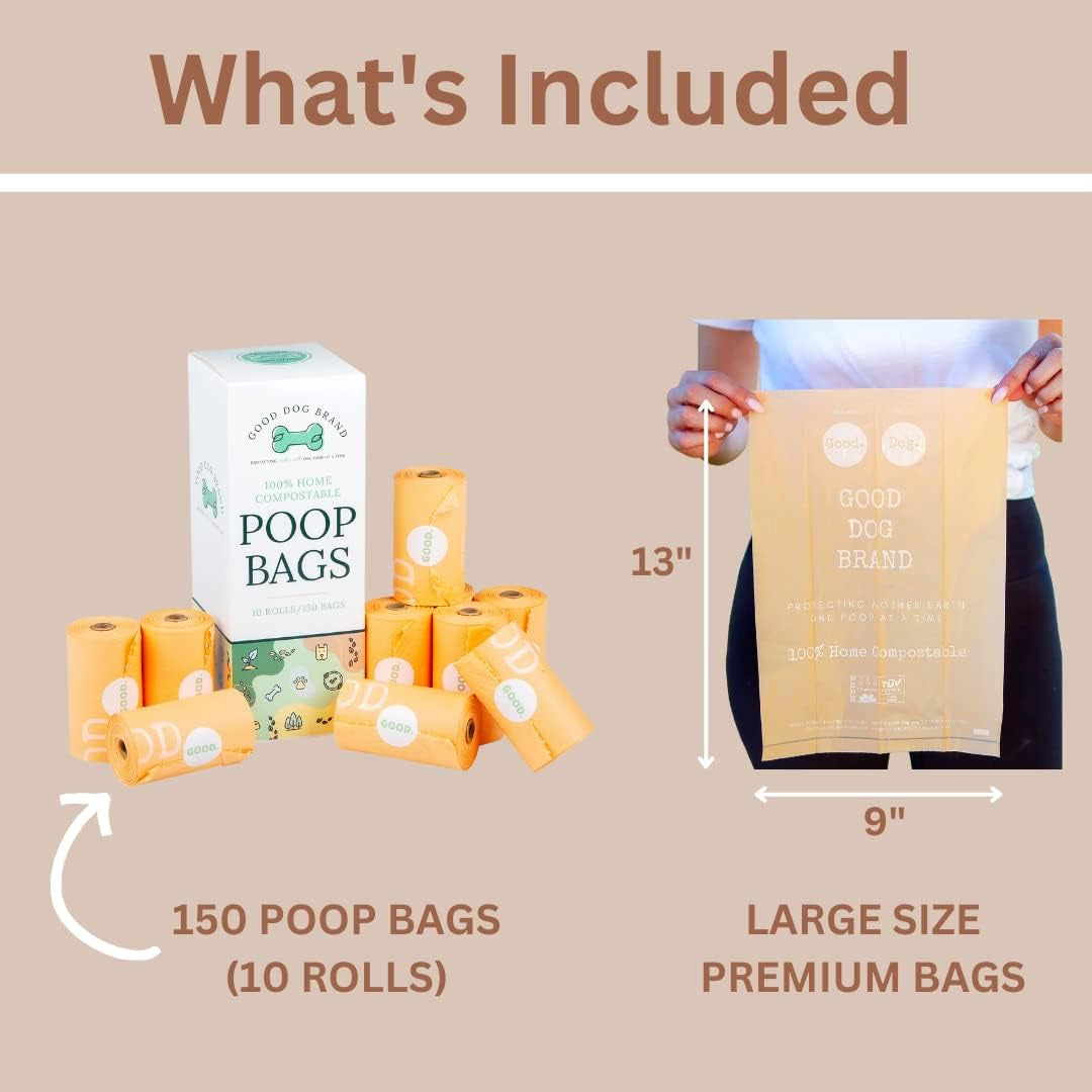 Certified Home Compostable Dog Poop Bags | 150 Total Doggy Poop Bags | Refills 10 Rolls | Unscented | Thick Doggie Poop Bags | Large 9 X 13In | Dog Poop Bag for Pet Waste Bag Dispenser