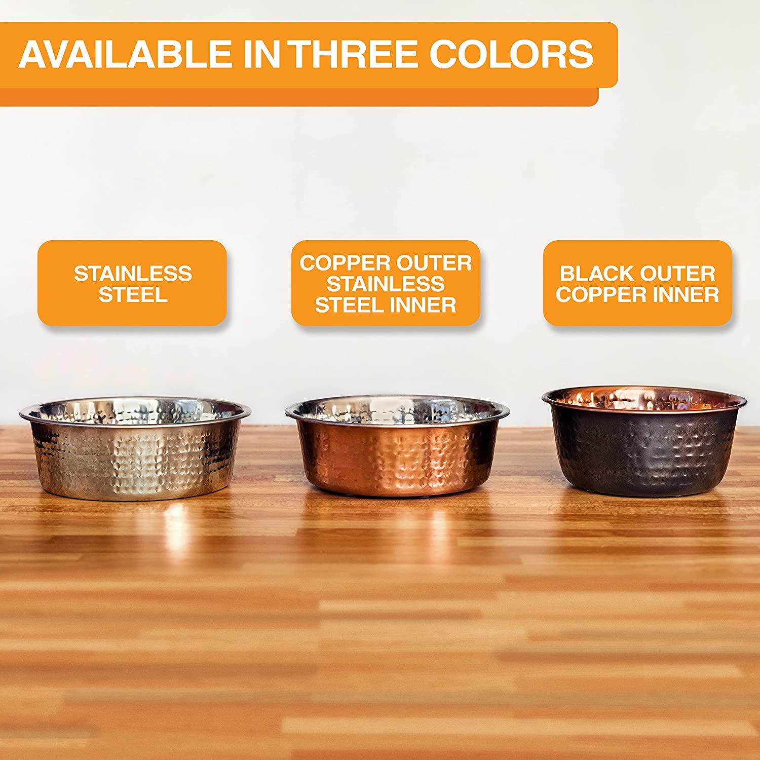 Hammered Decorative Designer Bowls - Luxury Style Premium Dog and Cat Dishes (Large, Stainless)
