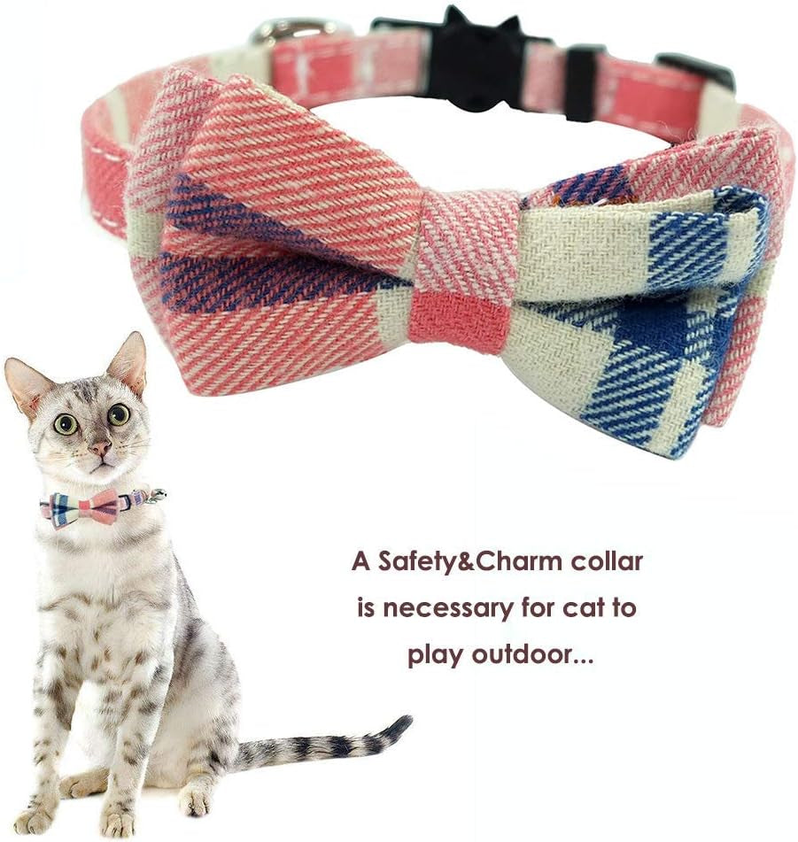 Stylish Pink Plaid Breakaway Cat Collar with Bell and Bow Tie - Adjustable Safety Collar for Kittens (6.8-10.8 In)