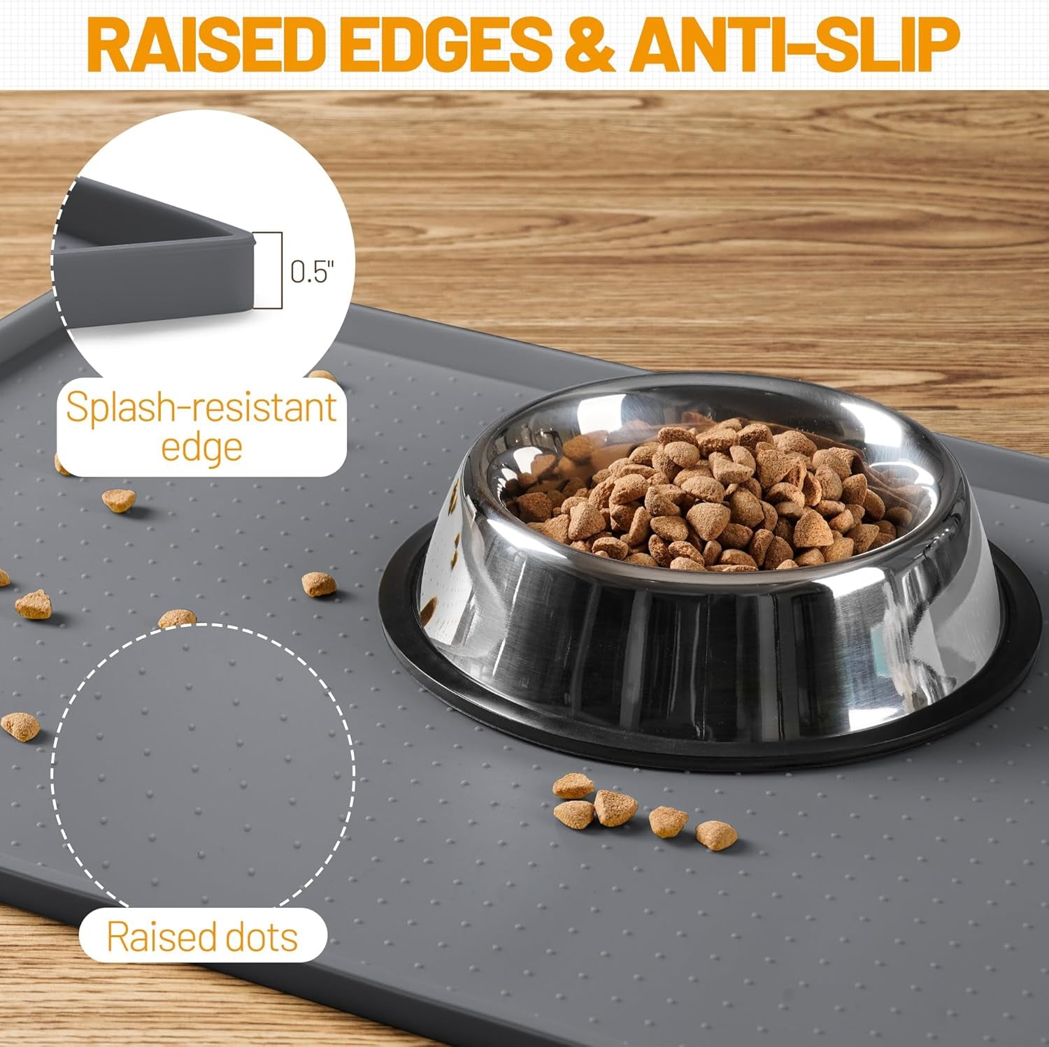 Dog Feeding Mat,100% Waterproof Food Grade Silicone Pet Food and Water Bowl Placemat,Dishwasher, High Raised Edge to Prevent Spills,Nonslip Tray to Stop Messes on Floor (19"X12"X0.5", Grey)