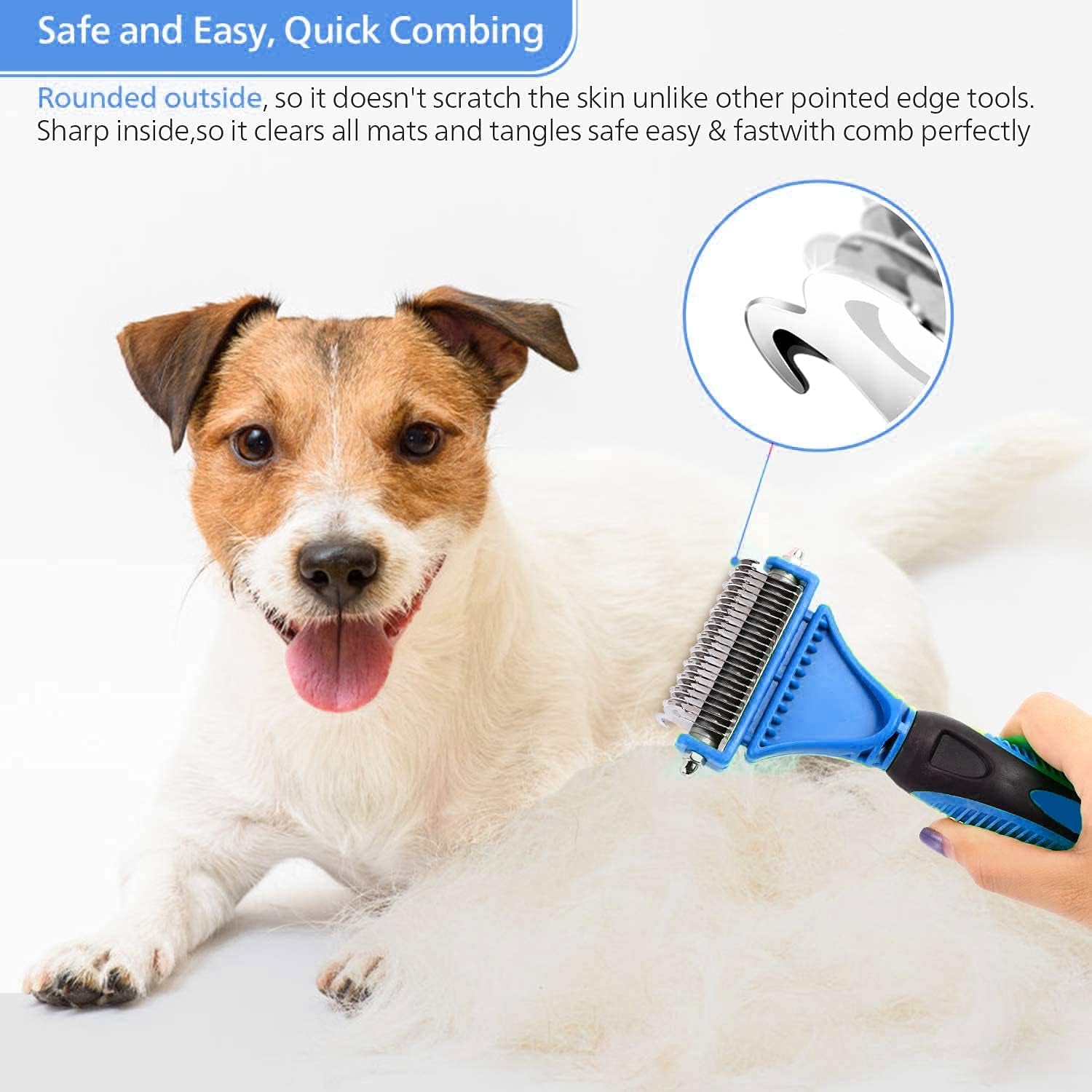 NS Pet Grooming Tool Double Sided Shedding and Dematting Undercoat Rake Comb for Dogs and Cats (Blue)