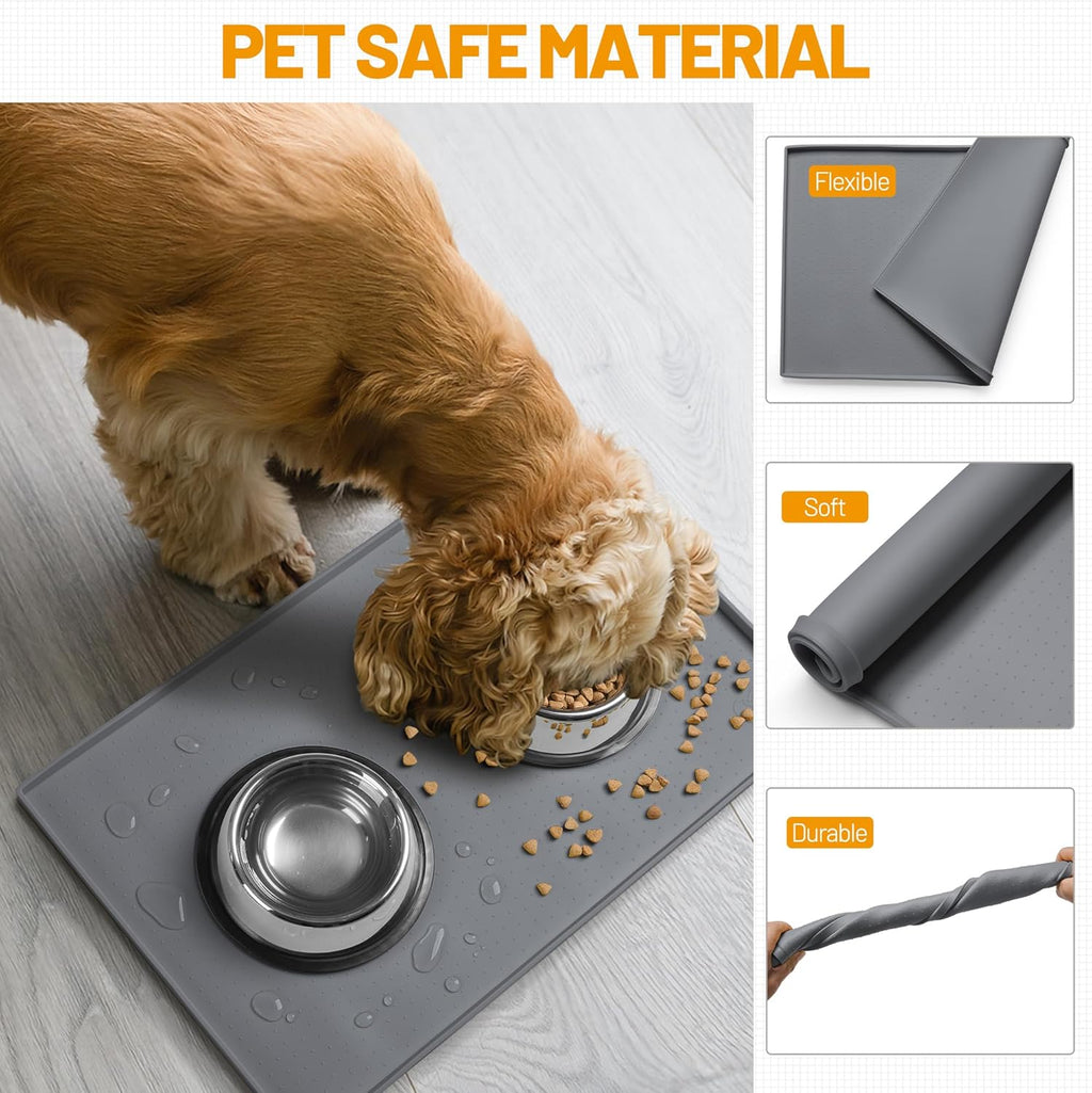 Dog Feeding Mat,100% Waterproof Food Grade Silicone Pet Food and Water Bowl Placemat,Dishwasher, High Raised Edge to Prevent Spills,Nonslip Tray to Stop Messes on Floor (19"X12"X0.5", Grey)